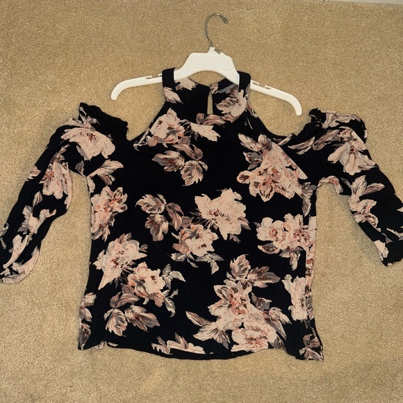 Charlotte Russe Tops - Charlotte Russe Floral Cold Shoulder Blouse - Black and Pink